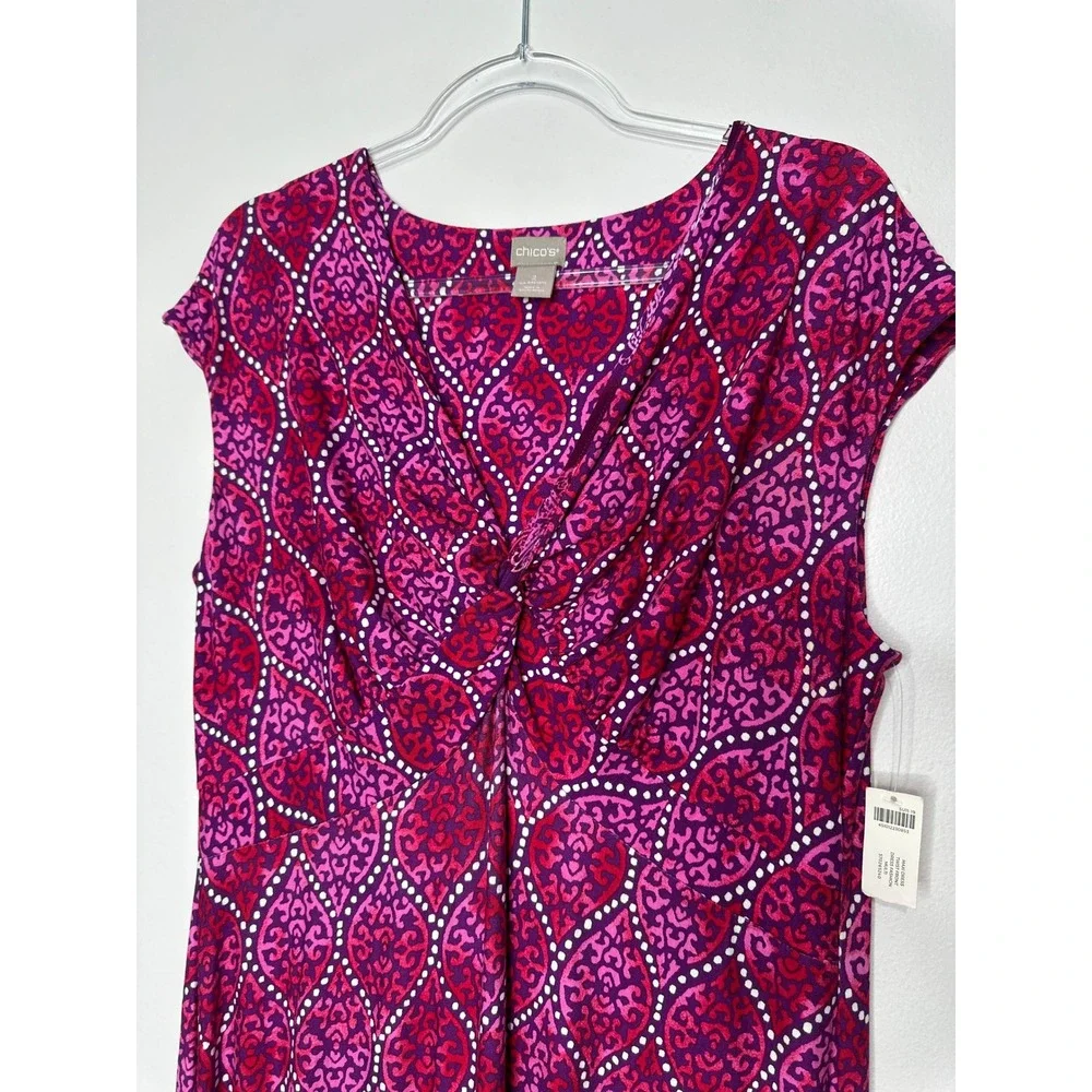 Chicos Maxi Cap Sleeve Dress Size 2 L Pink Purple Twist Front Geometric Slit New